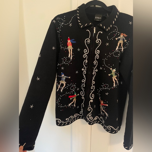 Vintage Full Zip Figure Skating Embroidery Knit Beaded Whimsical Collar Jacket - Picture 2 of 6